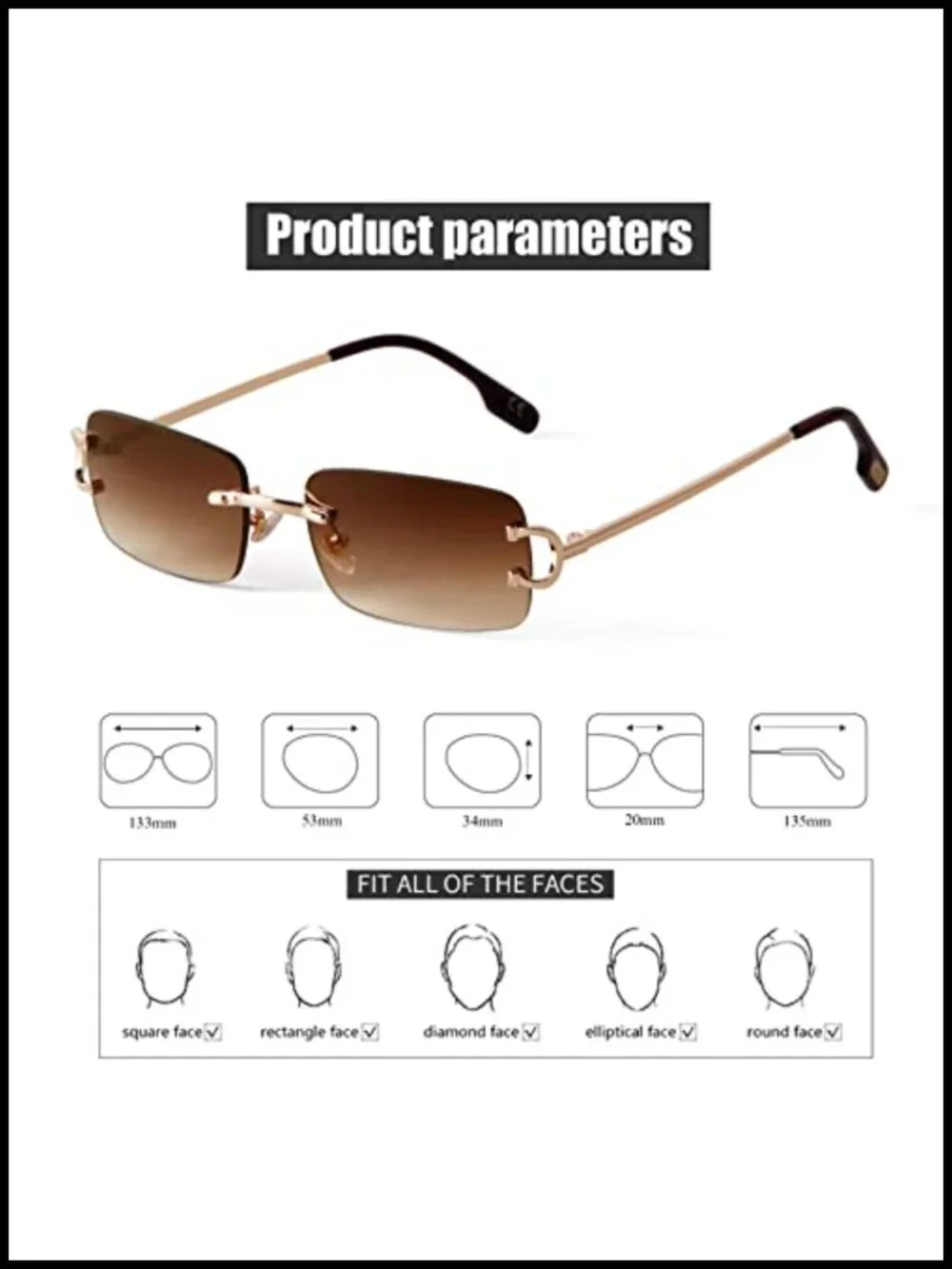 Rimless Rectangle Sunglasses for Men Women UV400 Metal Frame